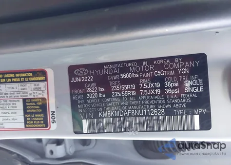 2022 Hyundai Ioniq 5 Se z USA, uszkodzony, nr VIN KM8KMDAF8NU112628